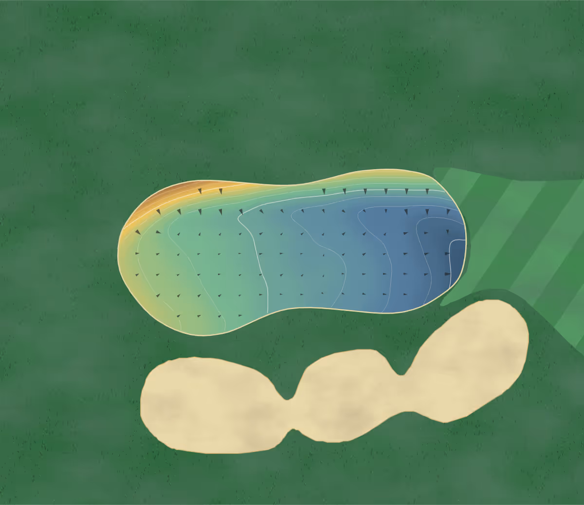 Green contour map of Braintree in Braintree, England — 122 elevation contours at a 8-centimeter interval with fall-line arrows, traced from 1-meter lidar