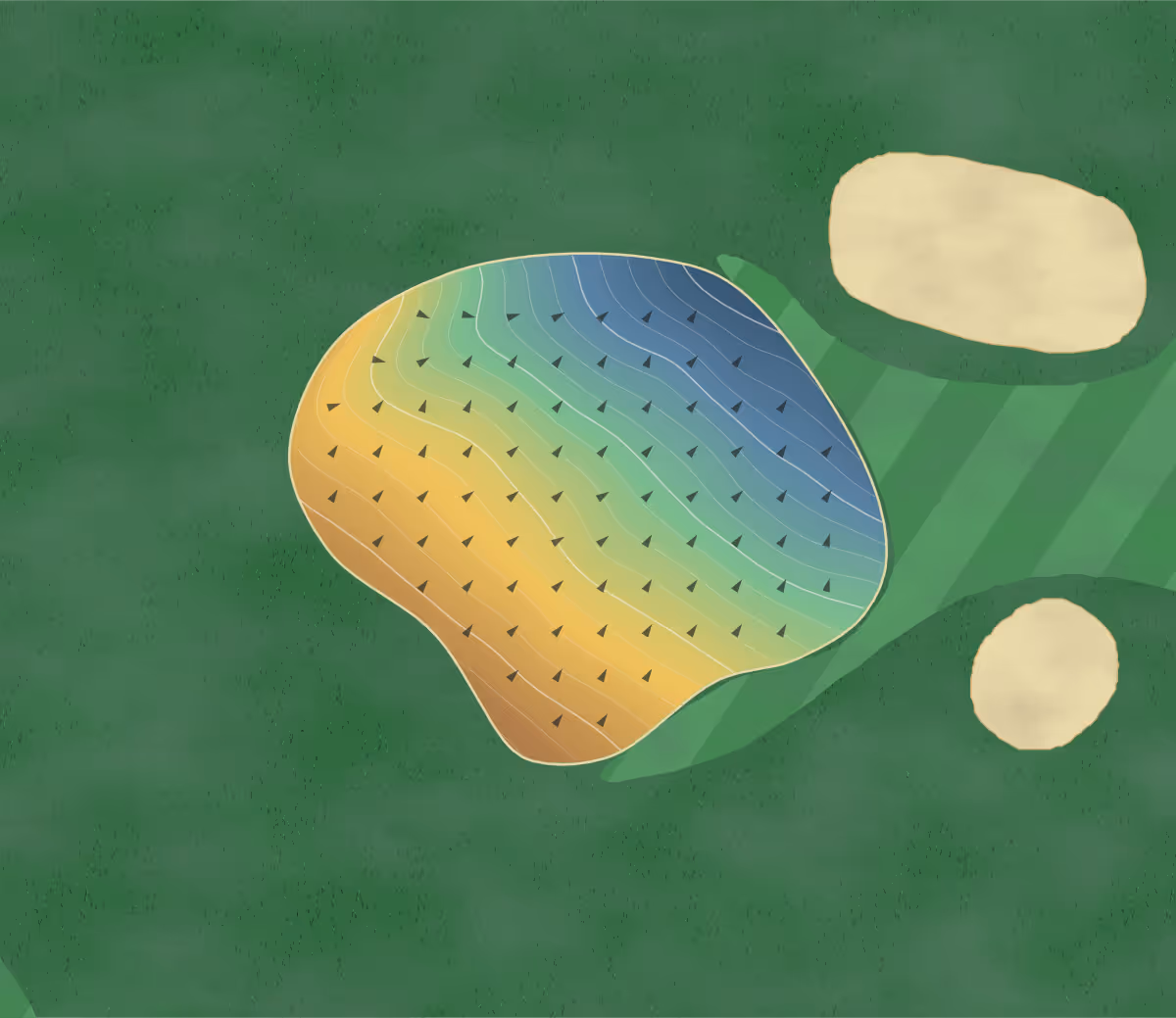 Green contour map of Bramcote Waters in Nuneaton, England — 118 elevation contours at a 8-centimeter interval with fall-line arrows, traced from 1-meter lidar