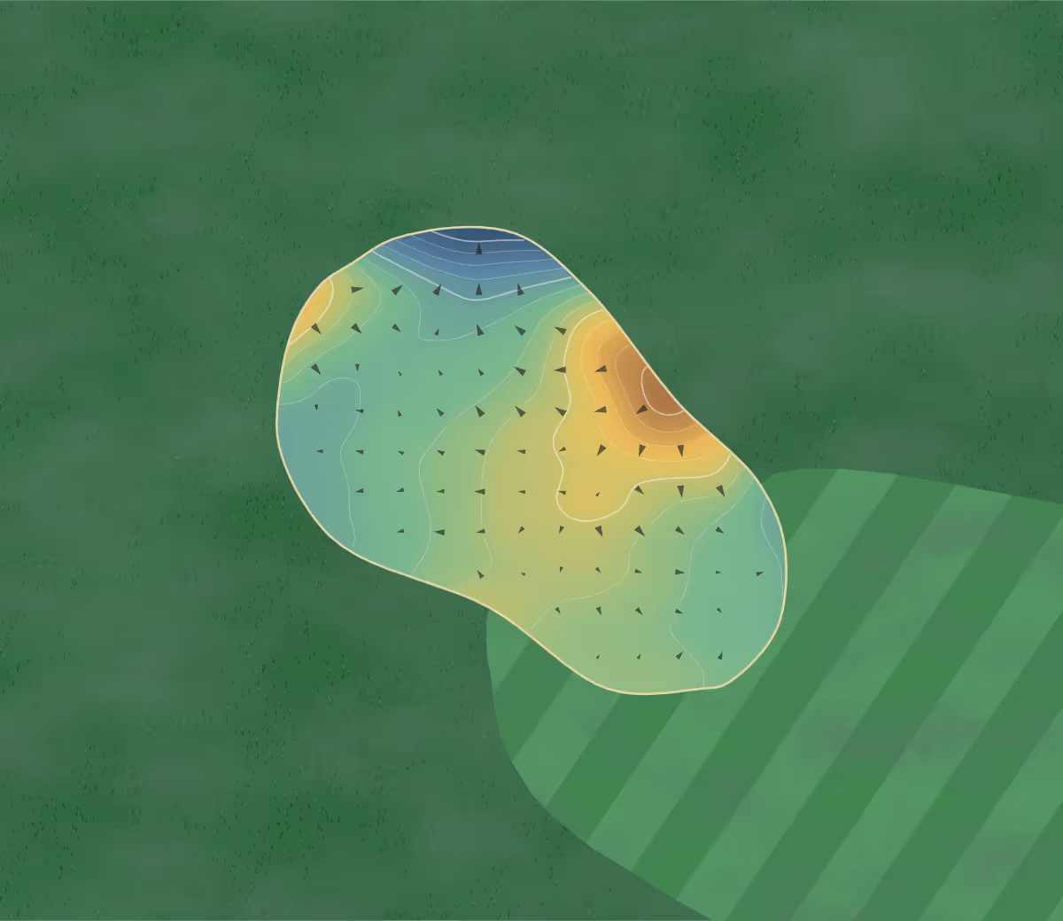 Green contour map of Bramford Golf Centre in Ipswich, England: 68 elevation contours at a 8-centimeter interval with fall-line arrows, traced from 1-meter lidar
