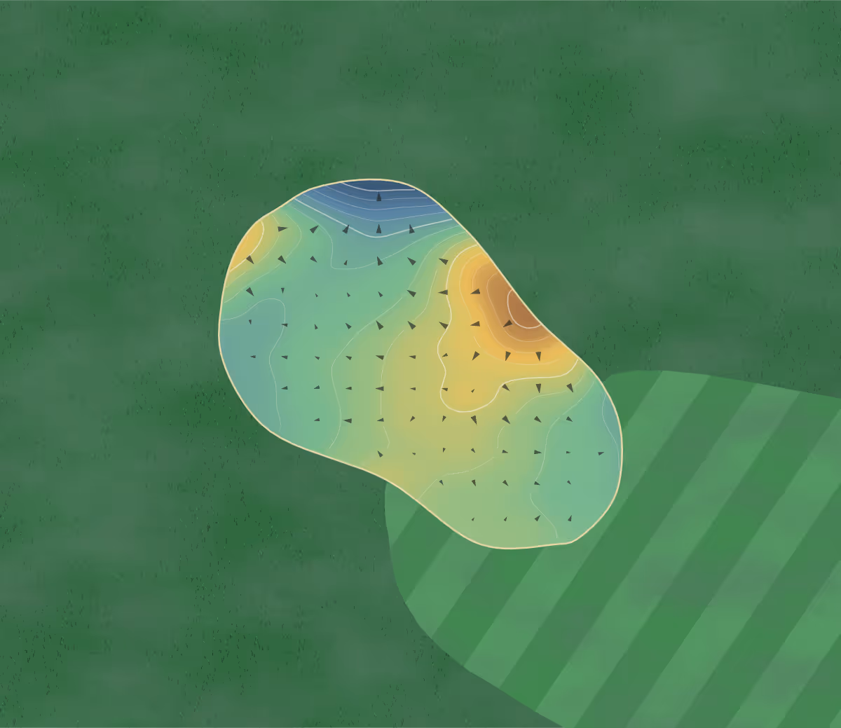 Green contour map of Bramford Golf Centre in Ipswich, England — 68 elevation contours at a 8-centimeter interval with fall-line arrows, traced from 1-meter lidar