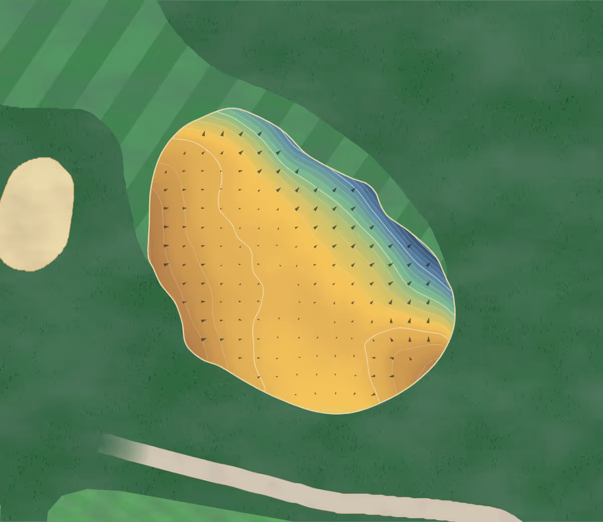 Green contour map of Brampton Health in Northampton, England: 213 elevation contours at a 8-centimeter interval with fall-line arrows, traced from 1-meter lidar