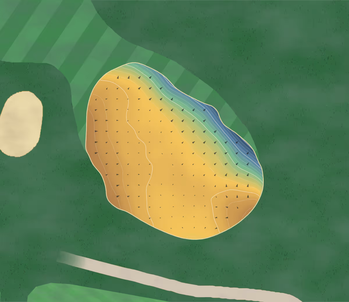 Green contour map of Brampton Health in Northampton, United Kingdom — 213 elevation contours at a 8-centimeter interval with fall-line arrows, traced from 1-meter lidar