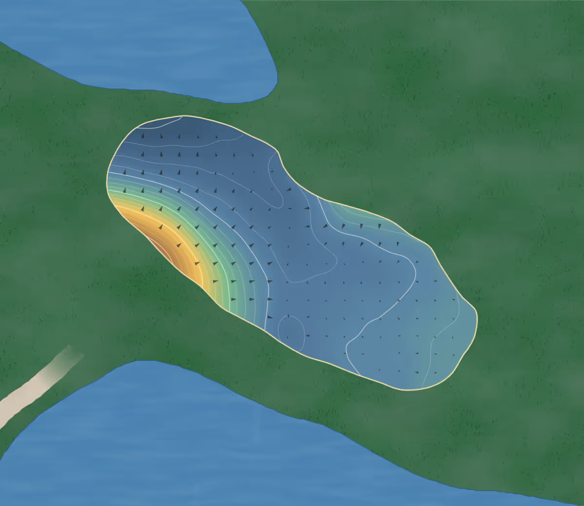 Green contour map of Brampton Park in Huntingdon, England: 152 elevation contours at a 8-centimeter interval with fall-line arrows, traced from 1-meter lidar