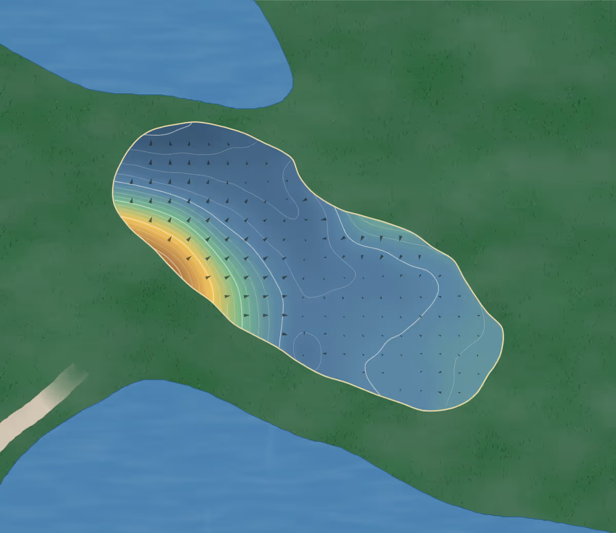 Green contour map of Brampton Park in Huntingdon, England — 156 elevation contours at a 8-centimeter interval with fall-line arrows, traced from 1-meter lidar