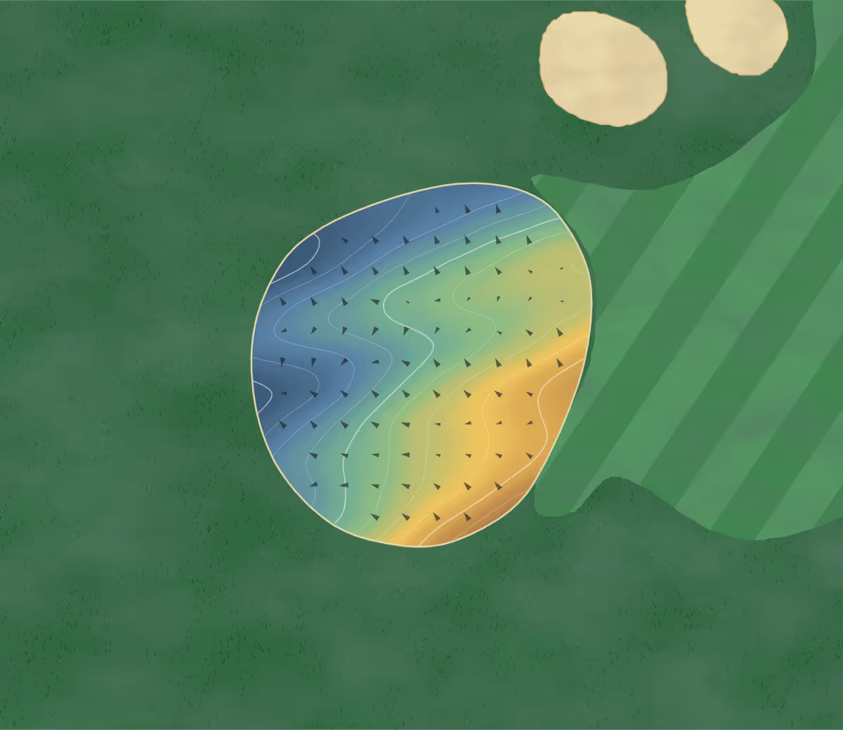 Green contour map of Brayton Park in Aspatria, United Kingdom: 51 elevation contours at a 8-centimeter interval with fall-line arrows, traced from 1-meter lidar