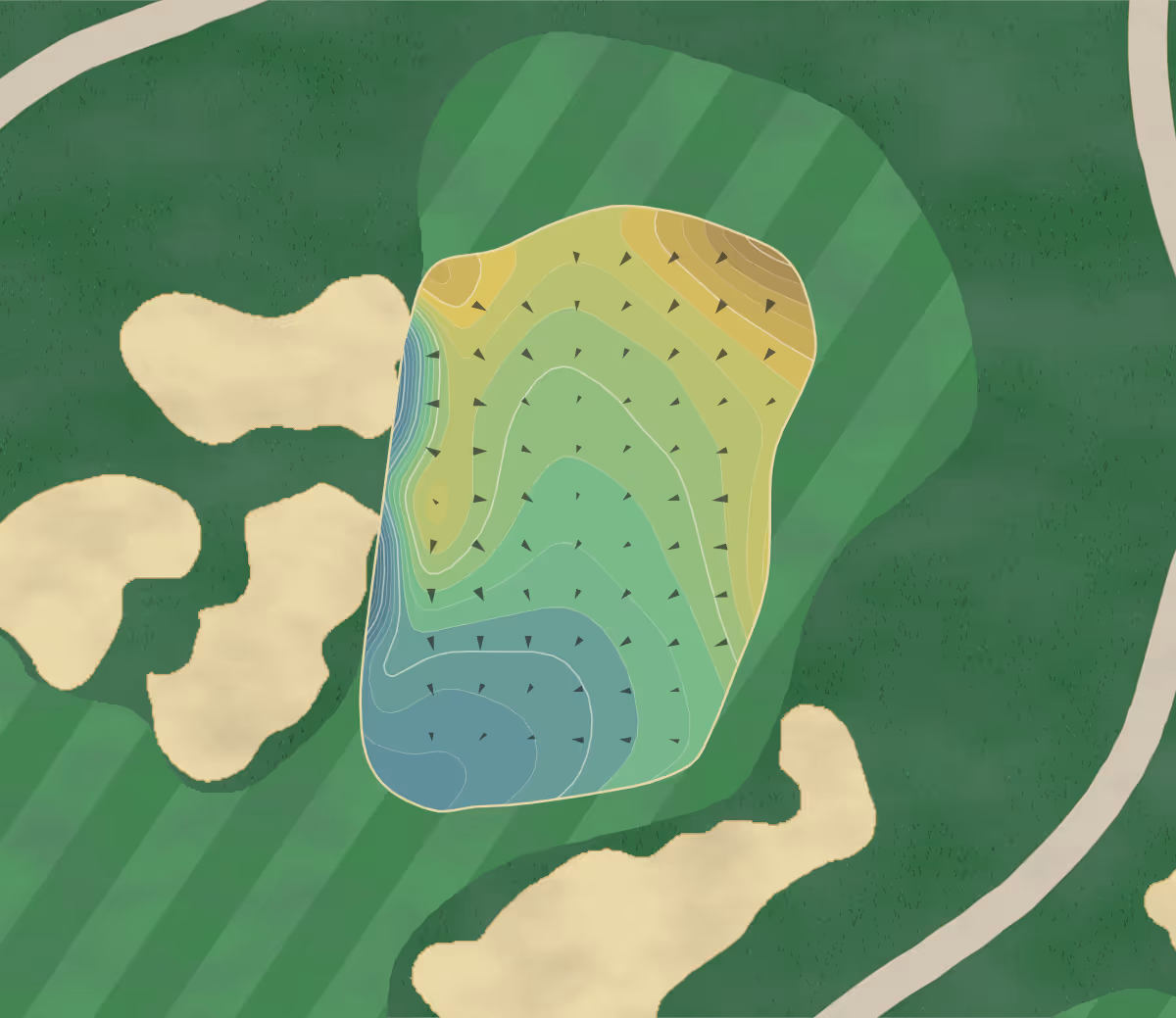 Green contour map of Brentwood in Los Angeles, California — 313 elevation contours at a 3-inch interval with fall-line arrows, traced from 1-meter lidar