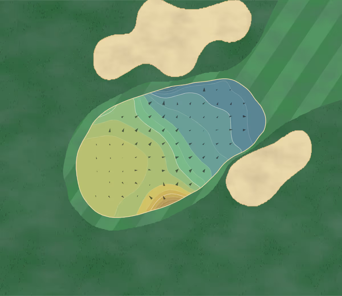 Green contour map of Brett Vale in Ipswich, England — 128 elevation contours at a 8-centimeter interval with fall-line arrows, traced from 1-meter lidar