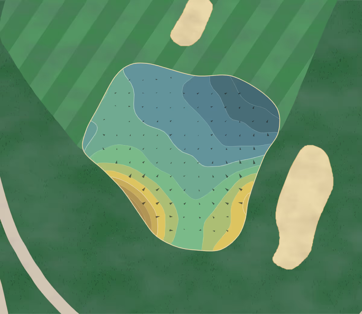 Green contour map of Bretton Woods in Germantown, Maryland — 182 elevation contours at a 3-inch interval with fall-line arrows, traced from 1-meter lidar
