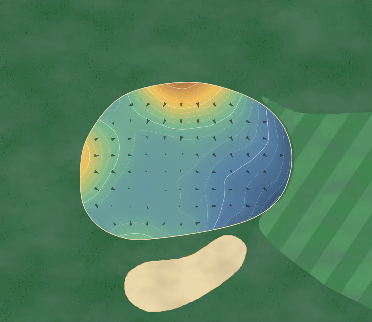 Green contour map of Briarwood GC in Caledonia, Michigan: 302 elevation contours at a 3-inch interval with fall-line arrows, traced from 1-meter lidar