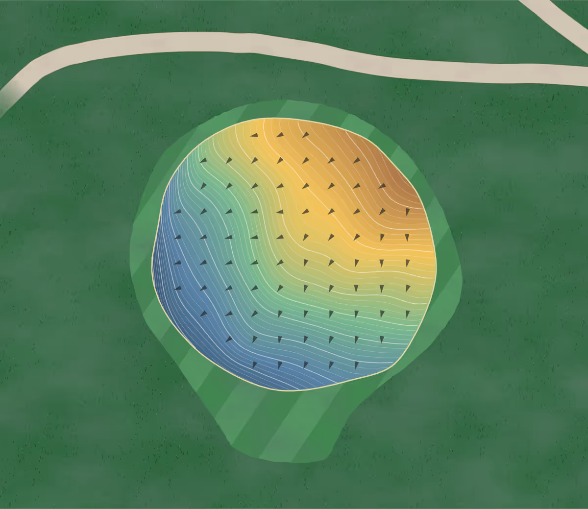 Green contour map of Briarwood in Broadview Hts., Ohio — 323 elevation contours at a 3-inch interval with fall-line arrows, traced from 1-meter lidar