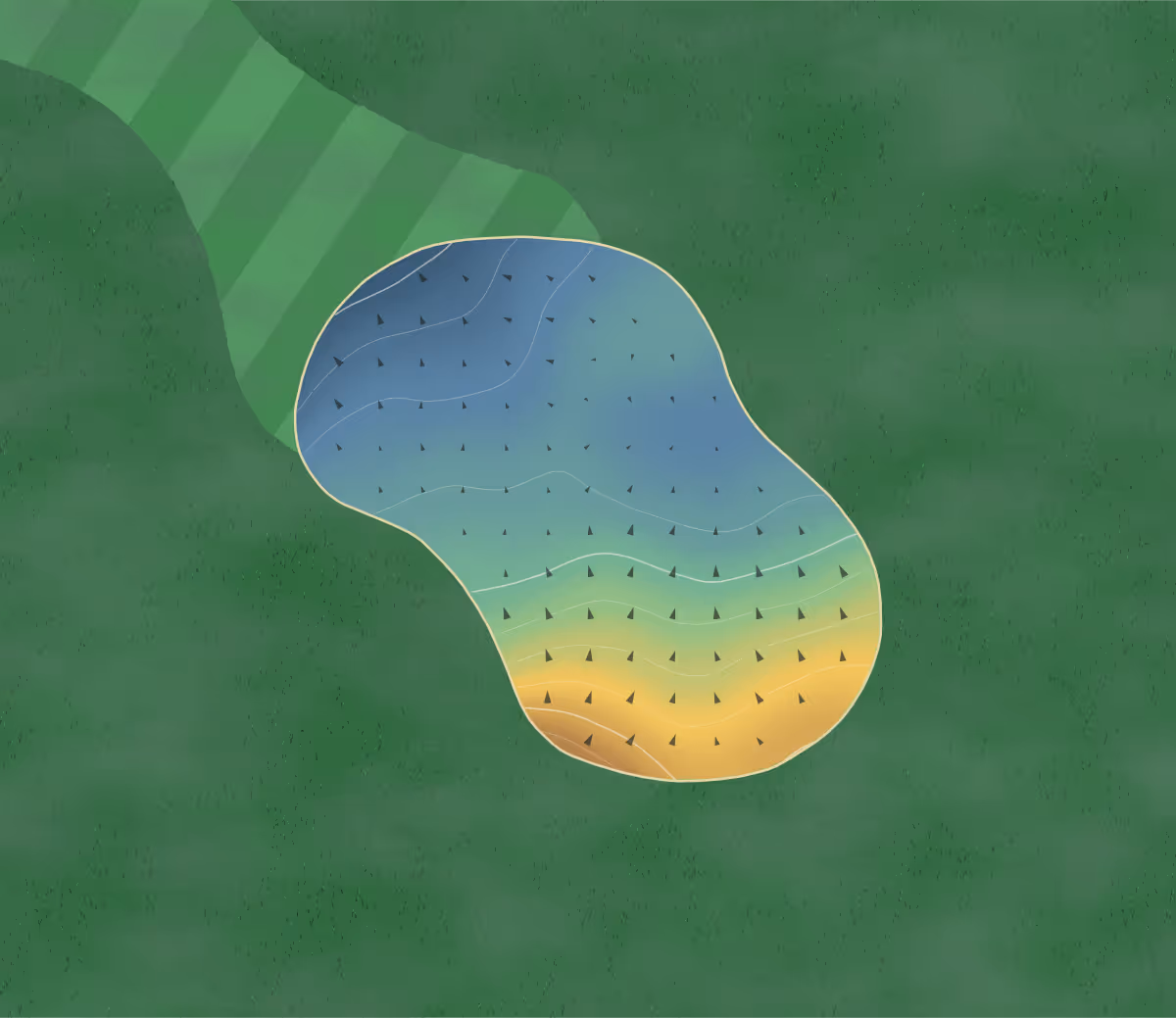 Green contour map of Brickhampton Court in Gloucester, England — 95 elevation contours at a 8-centimeter interval with fall-line arrows, traced from 1-meter lidar