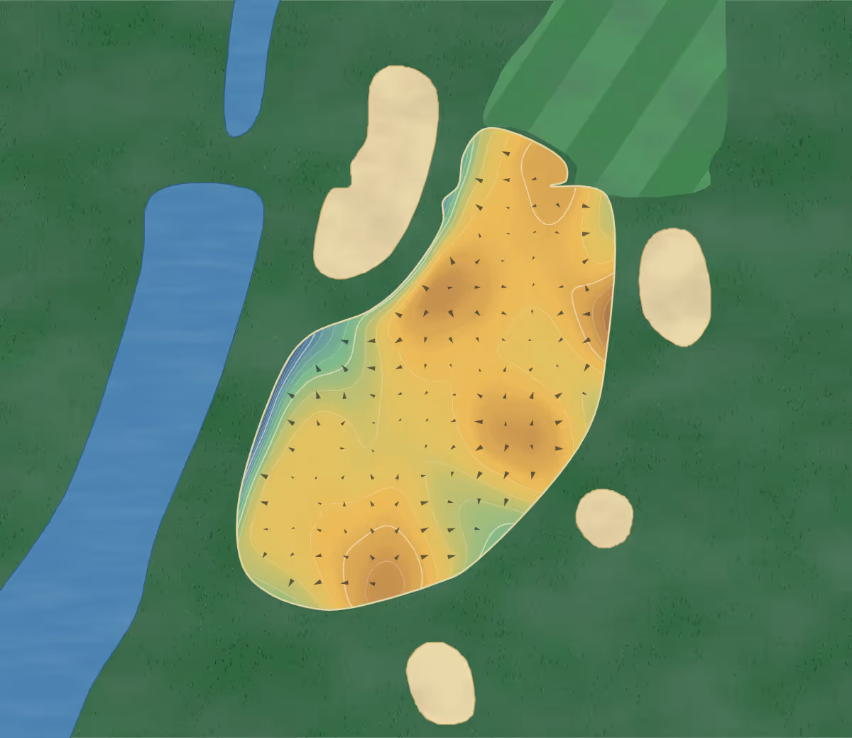 Green contour map of Brickyard Crossing in Indianapolis, Indiana: 194 elevation contours at a 3-inch interval with fall-line arrows, traced from 1-meter lidar