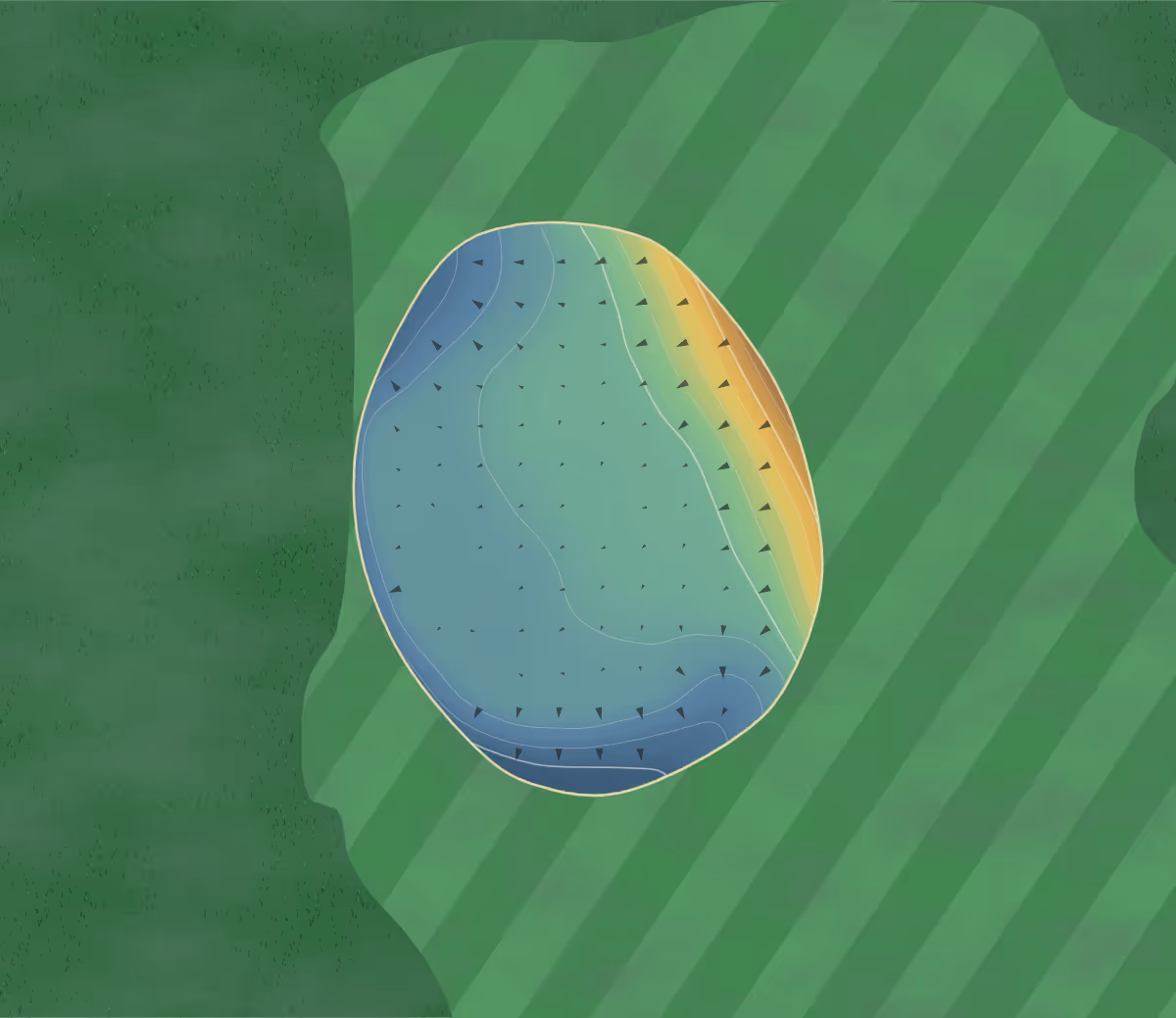Green contour map of Bridge Valley in Lethbridge, Canada: 33 elevation contours at a 8-centimeter interval with fall-line arrows, traced from 1-meter lidar
