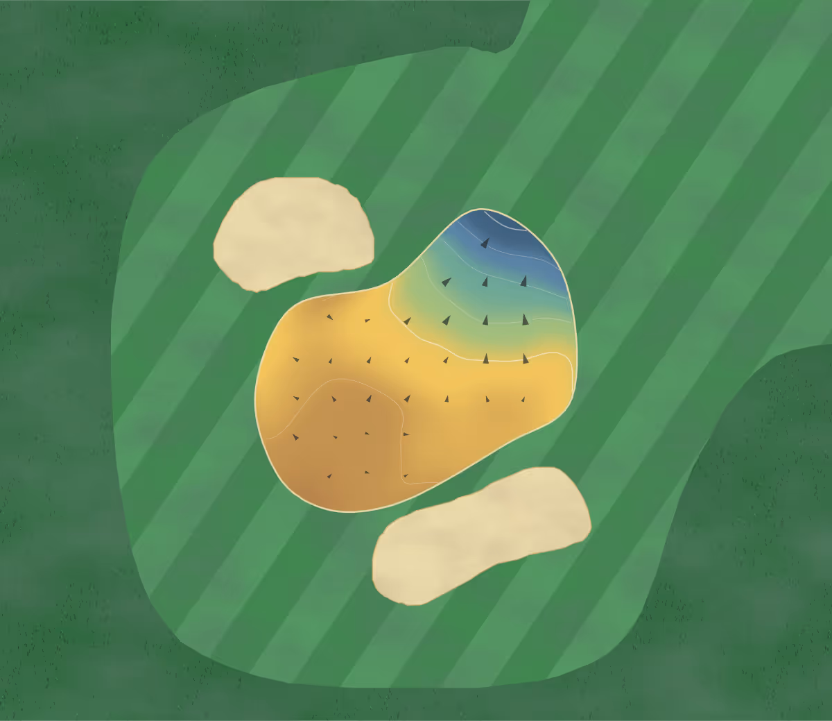 Green contour map of Bridgend Golf in Bridgend, Wales: 34 elevation contours at a 8-centimeter interval with fall-line arrows, traced from 1-meter lidar