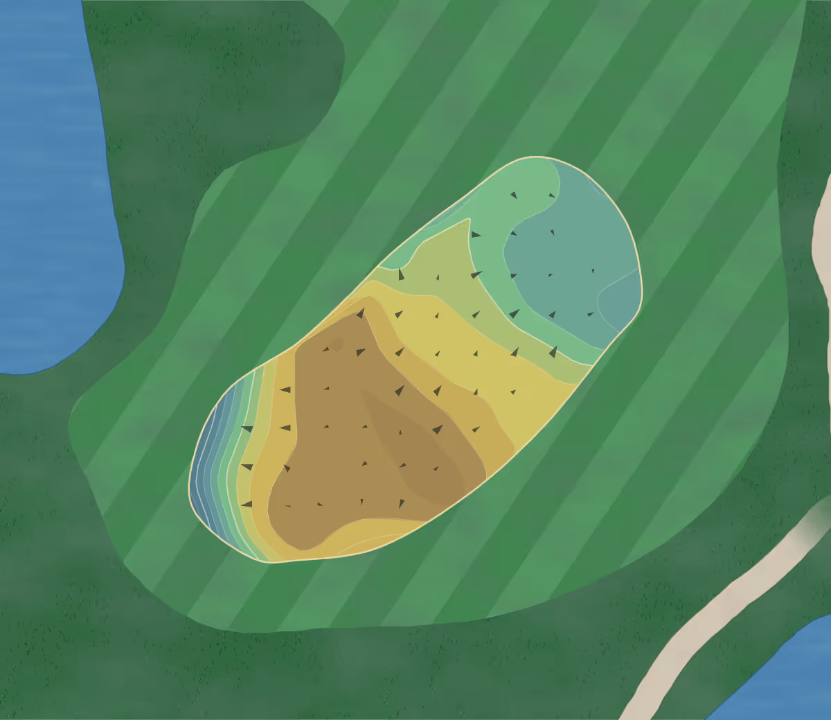 Green contour map of Bridges GC in Bay St. Louis, Mississippi — 152 elevation contours at a 3-inch interval with fall-line arrows, traced from 1-meter lidar