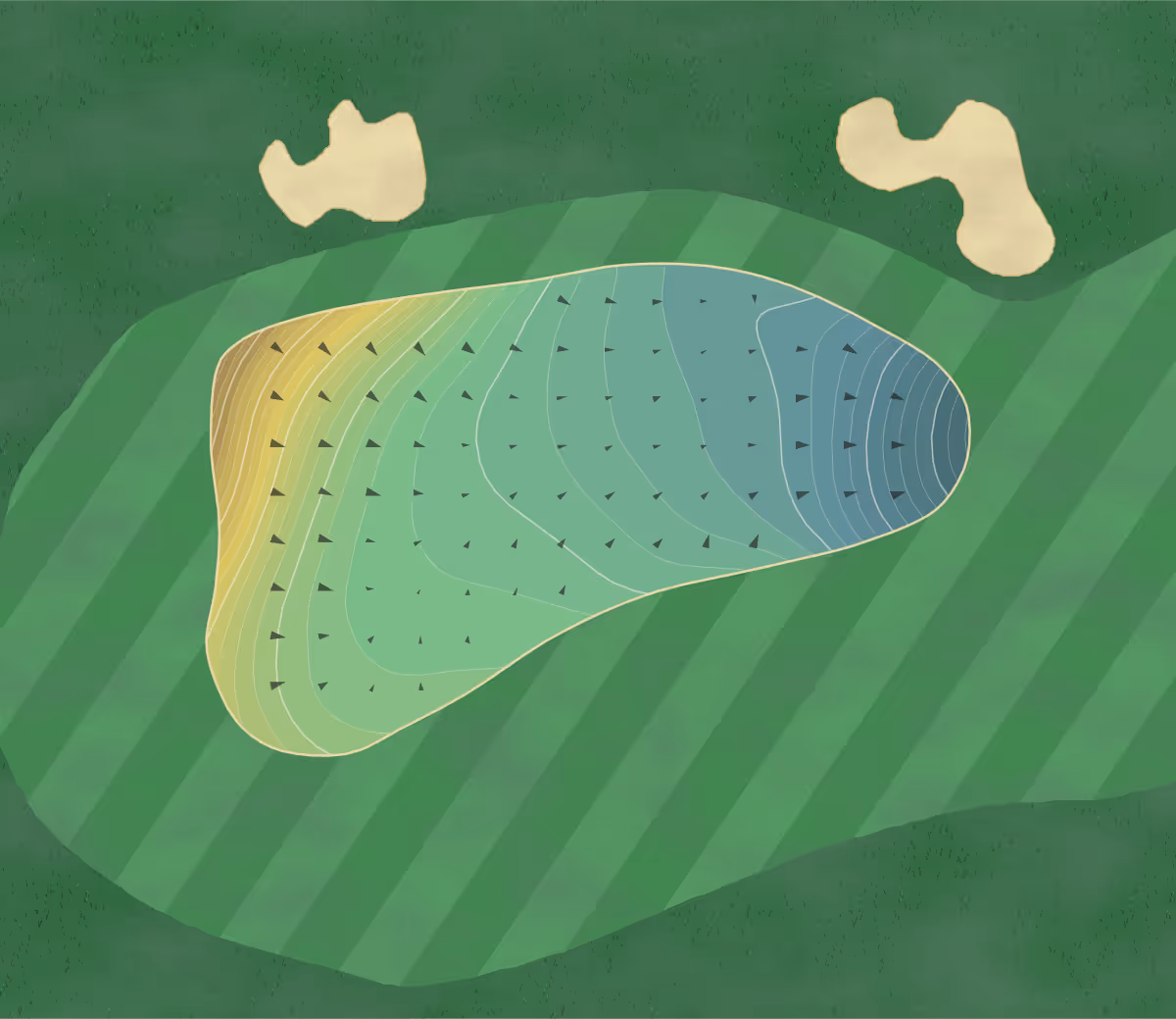 Green contour map of The Bridges in Rancho Santa Fe, California — 260 elevation contours at a 3-inch interval with fall-line arrows, traced from 1-meter lidar