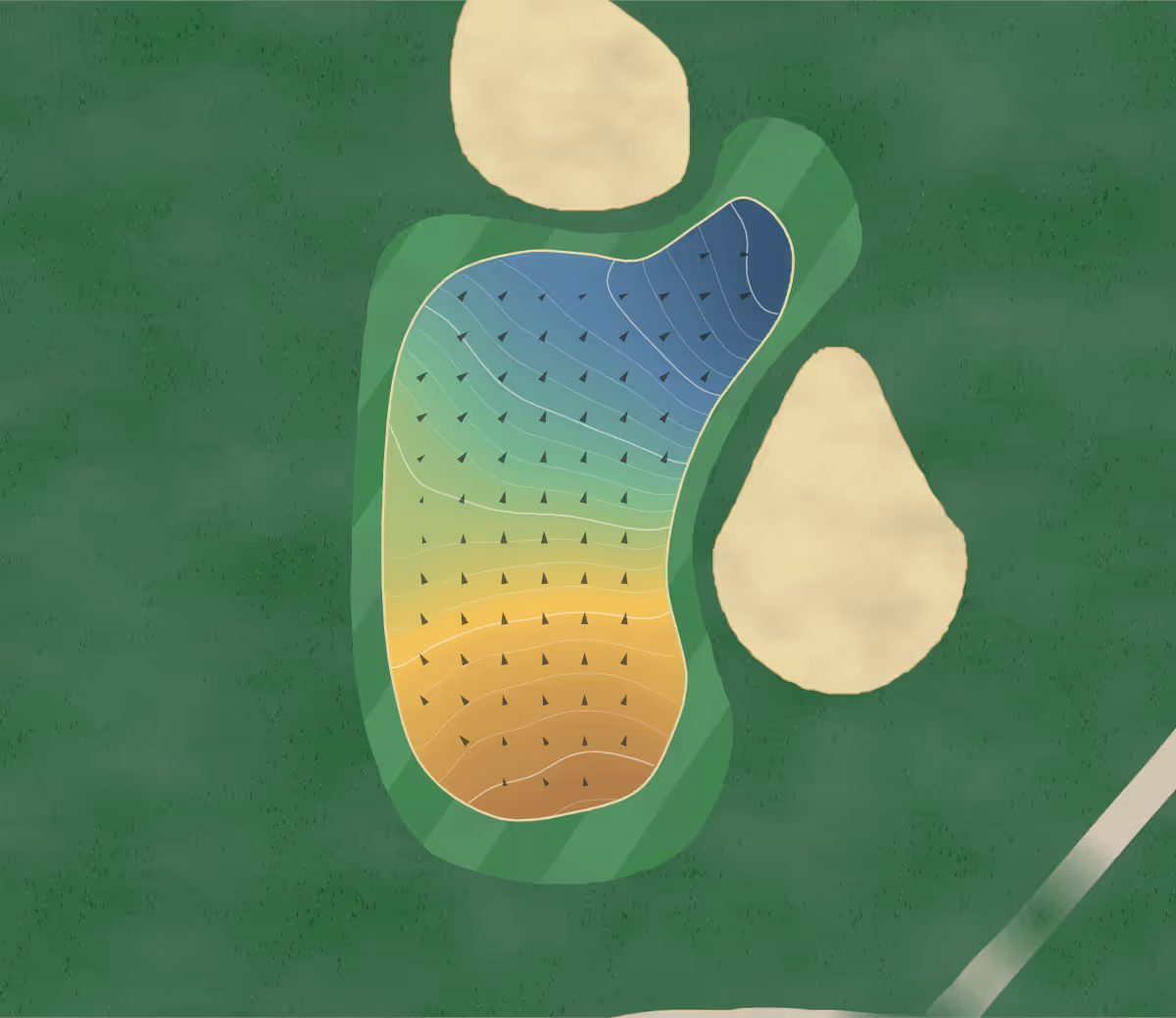 Green contour map of Bridgewater Country Club in Fort Erie, Canada — 203 elevation contours at a 8-centimeter interval with fall-line arrows, traced from 1-meter lidar