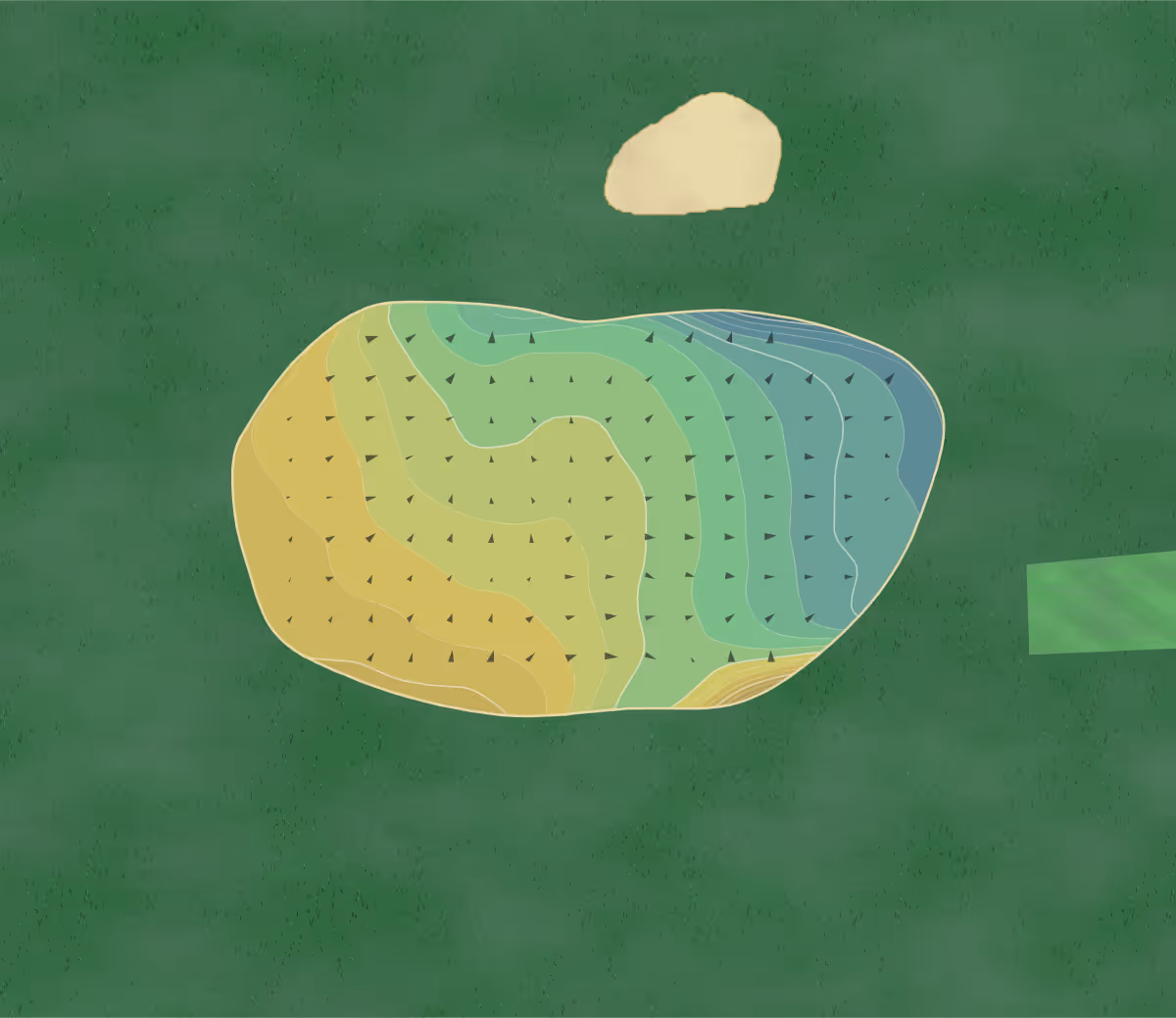 Green contour map of Bridgnorth GC in Bridgnorth, England — 159 elevation contours at a 8-centimeter interval with fall-line arrows, traced from 1-meter lidar