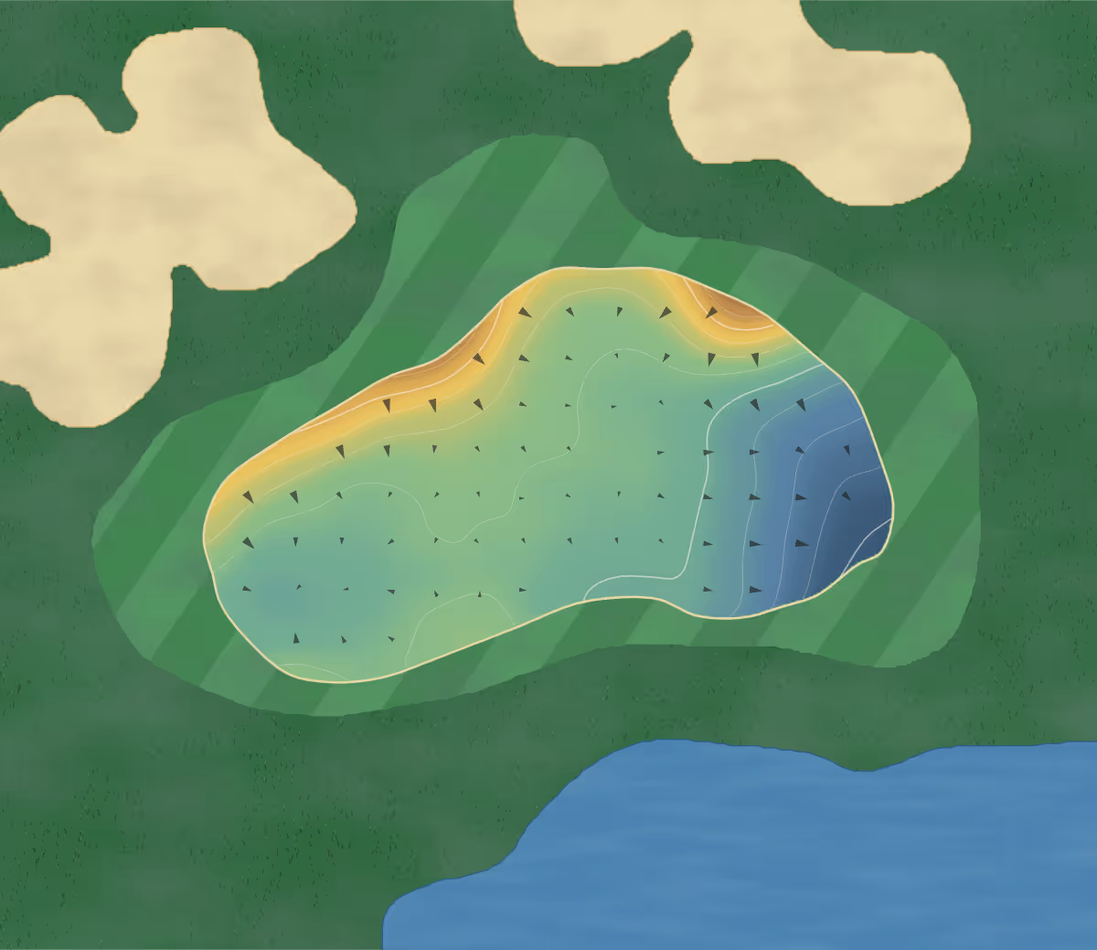 Green contour map of Brier Creek in Raleigh, North Carolina: 42 elevation contours at a 3-inch interval with fall-line arrows, traced from 1-meter lidar