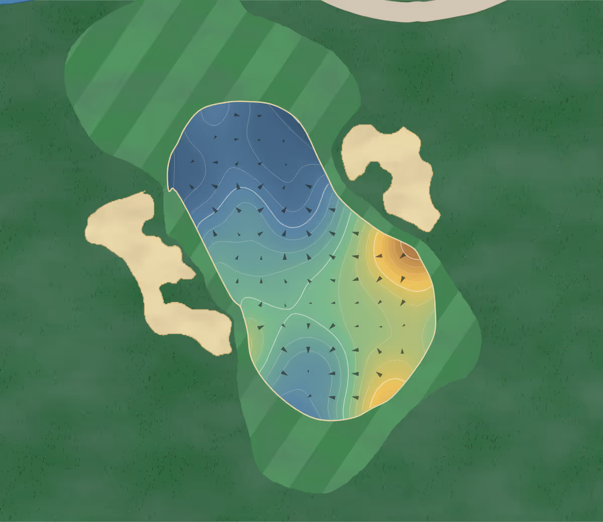 Green contour map of Brighton Lakes in Moorebank, Australia — 201 elevation contours at a 8-centimeter interval with fall-line arrows, traced from 1-meter lidar