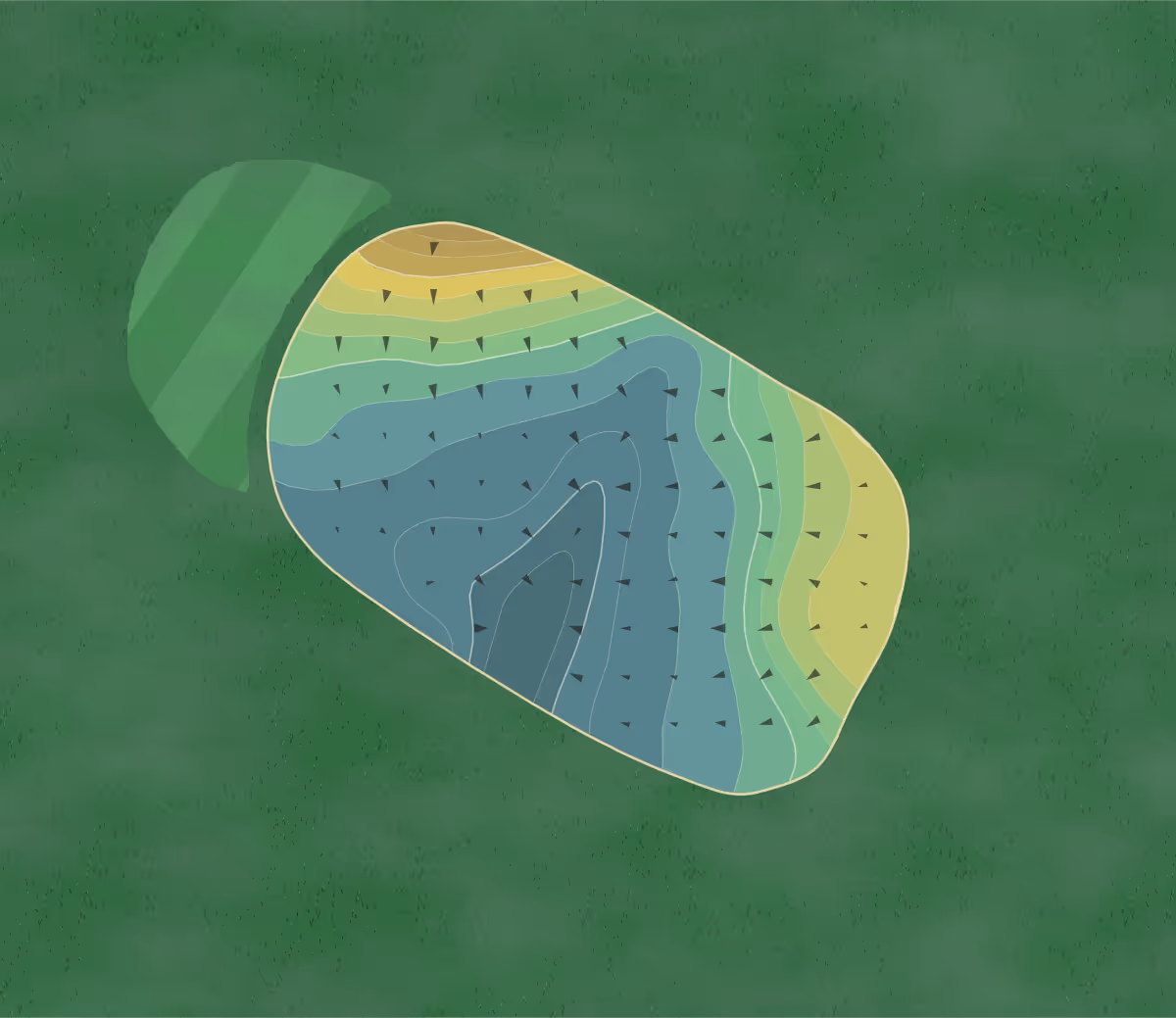 Green contour map of Bristol Golf in Bristol, Rhode Island — 73 elevation contours at a 3-inch interval with fall-line arrows, traced from 1-meter lidar