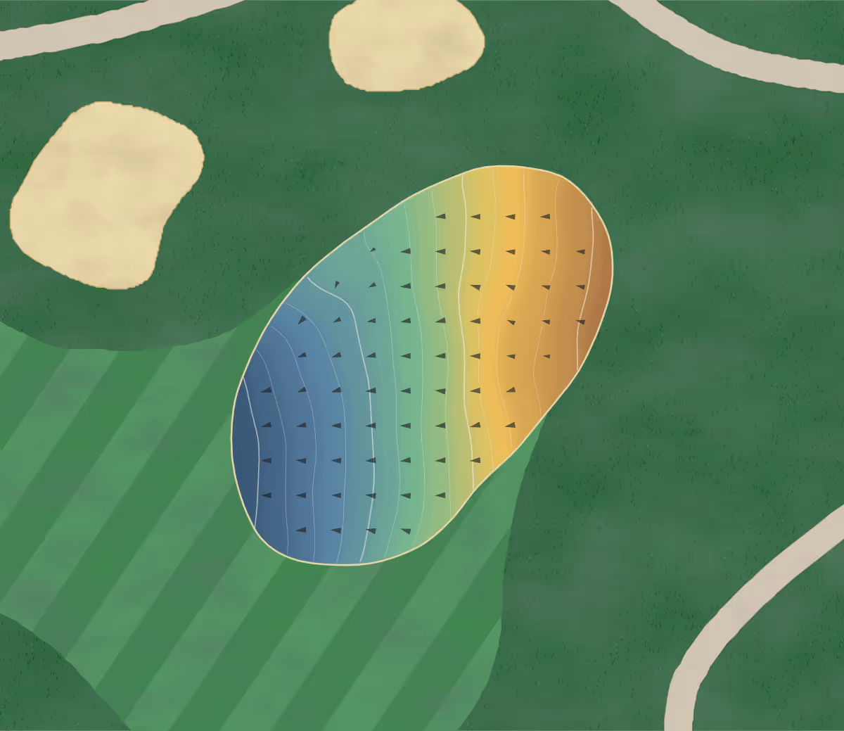 Green contour map of Broadlands Golf in North Prairie, Wisconsin — 144 elevation contours at a 3-inch interval with fall-line arrows, traced from 1-meter lidar