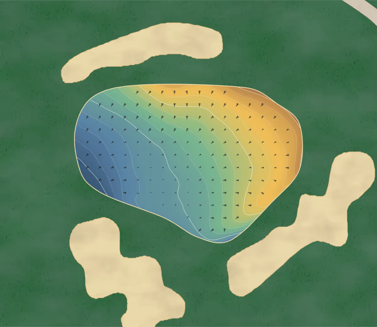 Green contour map of Broadmoor in Sherwood Park, Canada — 230 elevation contours at a 8-centimeter interval with fall-line arrows, traced from 1-meter lidar