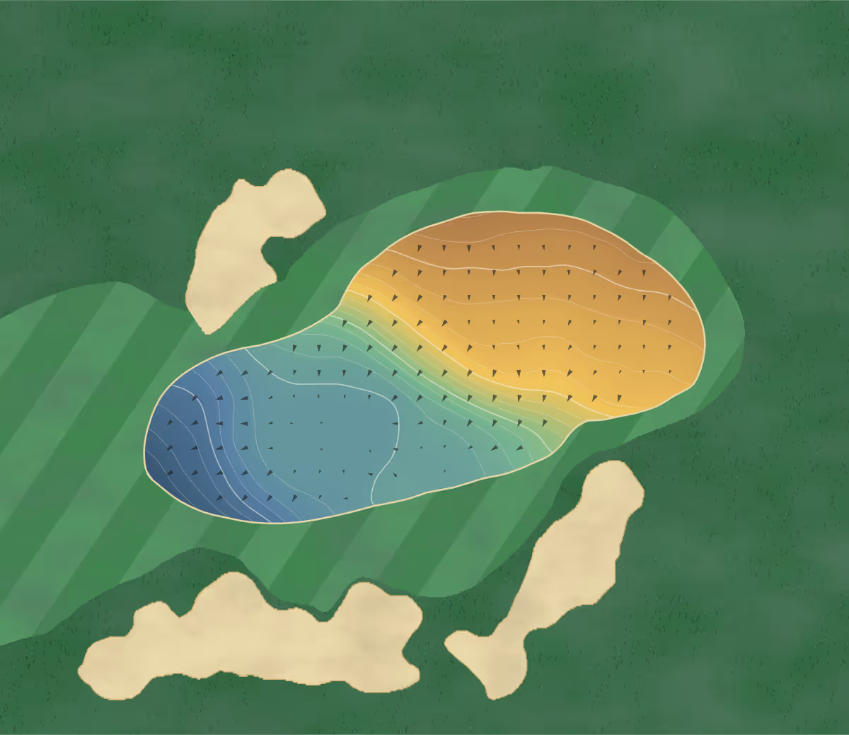 Green contour map of Broadstone in Broadstone, England: 214 elevation contours at a 8-centimeter interval with fall-line arrows, traced from 1-meter lidar