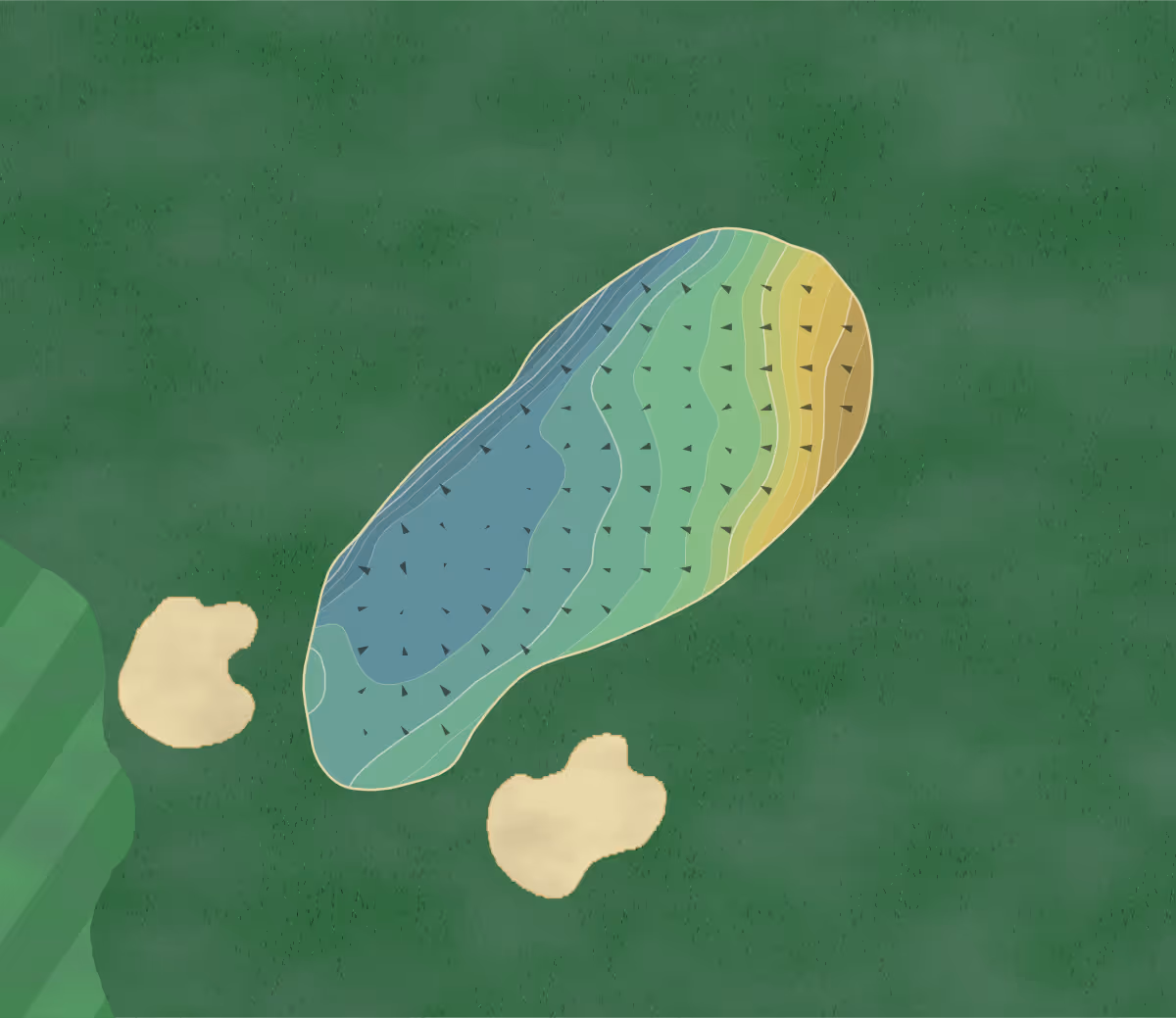 Green contour map of Broadway GC in Broadway, England — 181 elevation contours at a 8-centimeter interval with fall-line arrows, traced from 1-meter lidar