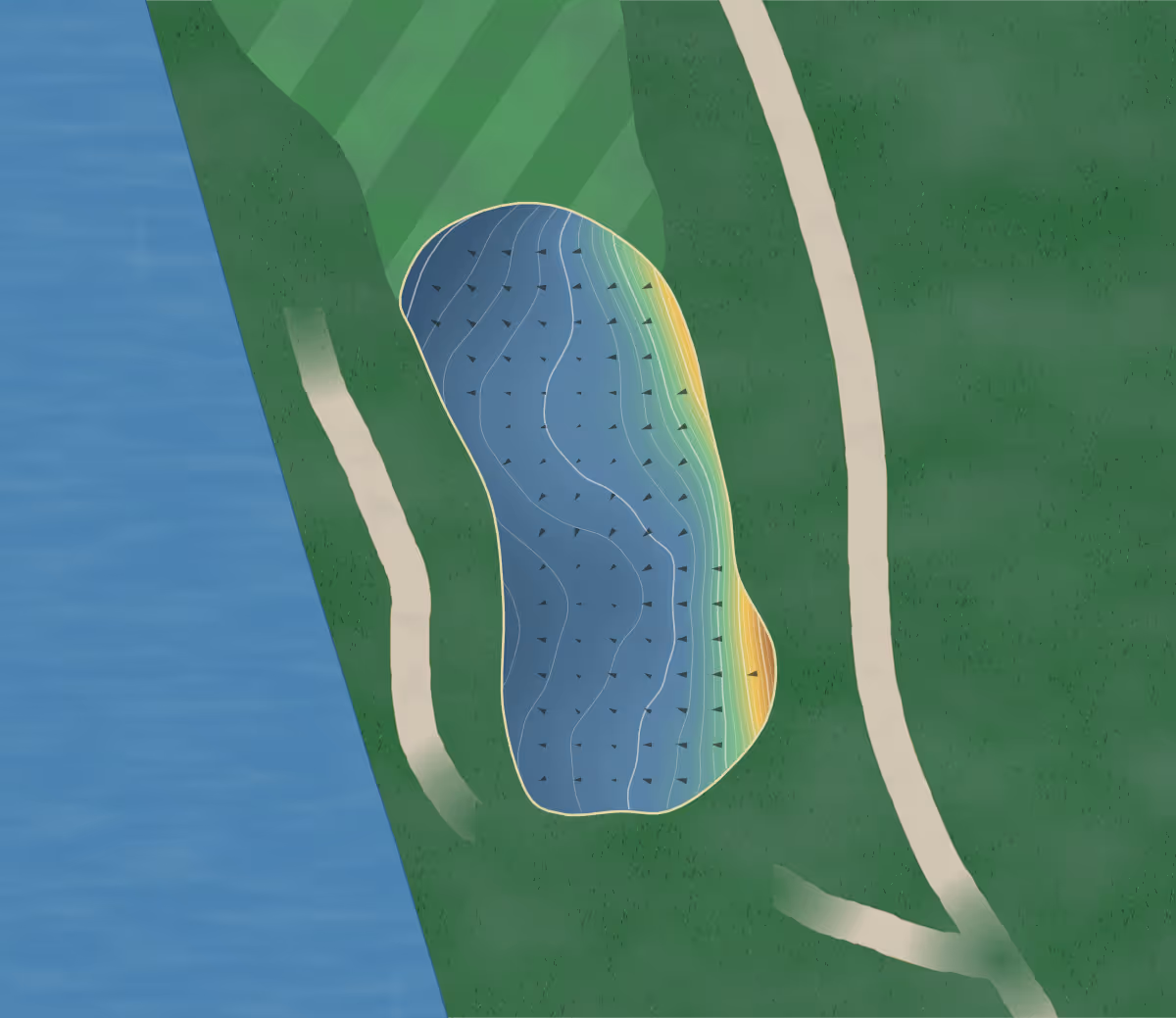 Green contour map of Brocket Hall in Welwyn Garden City, England — 239 elevation contours at a 8-centimeter interval with fall-line arrows, traced from 1-meter lidar