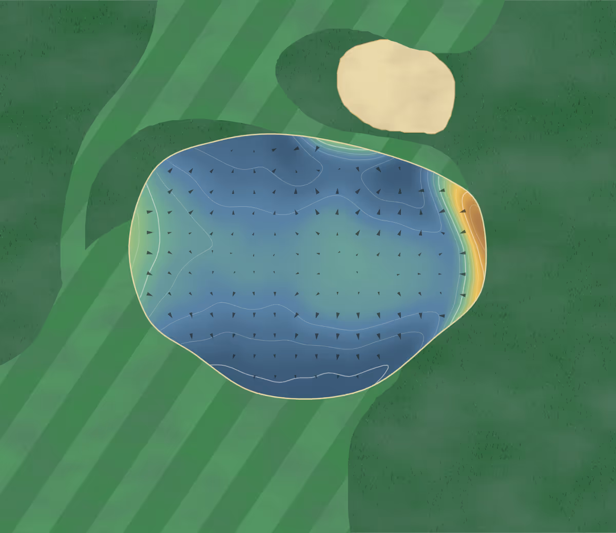 Green contour map of Brodick in Isle of Arran, Scotland: 119 elevation contours at a 8-centimeter interval with fall-line arrows, traced from 1-meter lidar