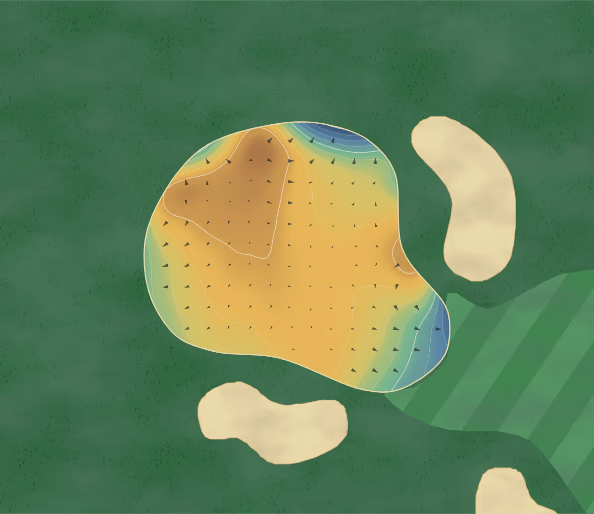 Green contour map of Bromborough in Wirral, England — 222 elevation contours at a 8-centimeter interval with fall-line arrows, traced from 1-meter lidar