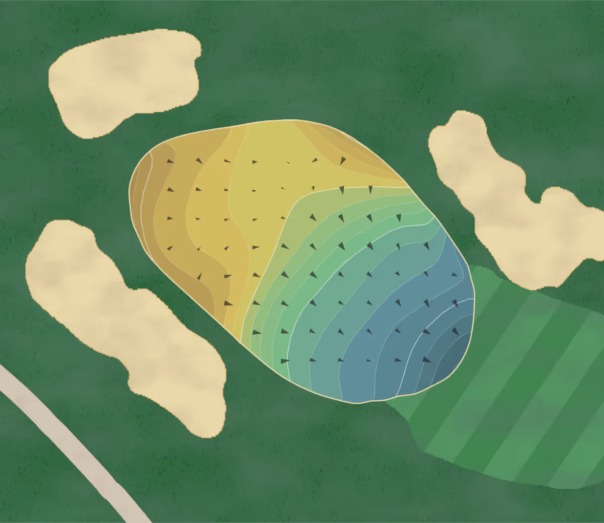 Green contour map of Brookfield Country in Roswell, Georgia — 224 elevation contours at a 3-inch interval with fall-line arrows, traced from 1-meter lidar