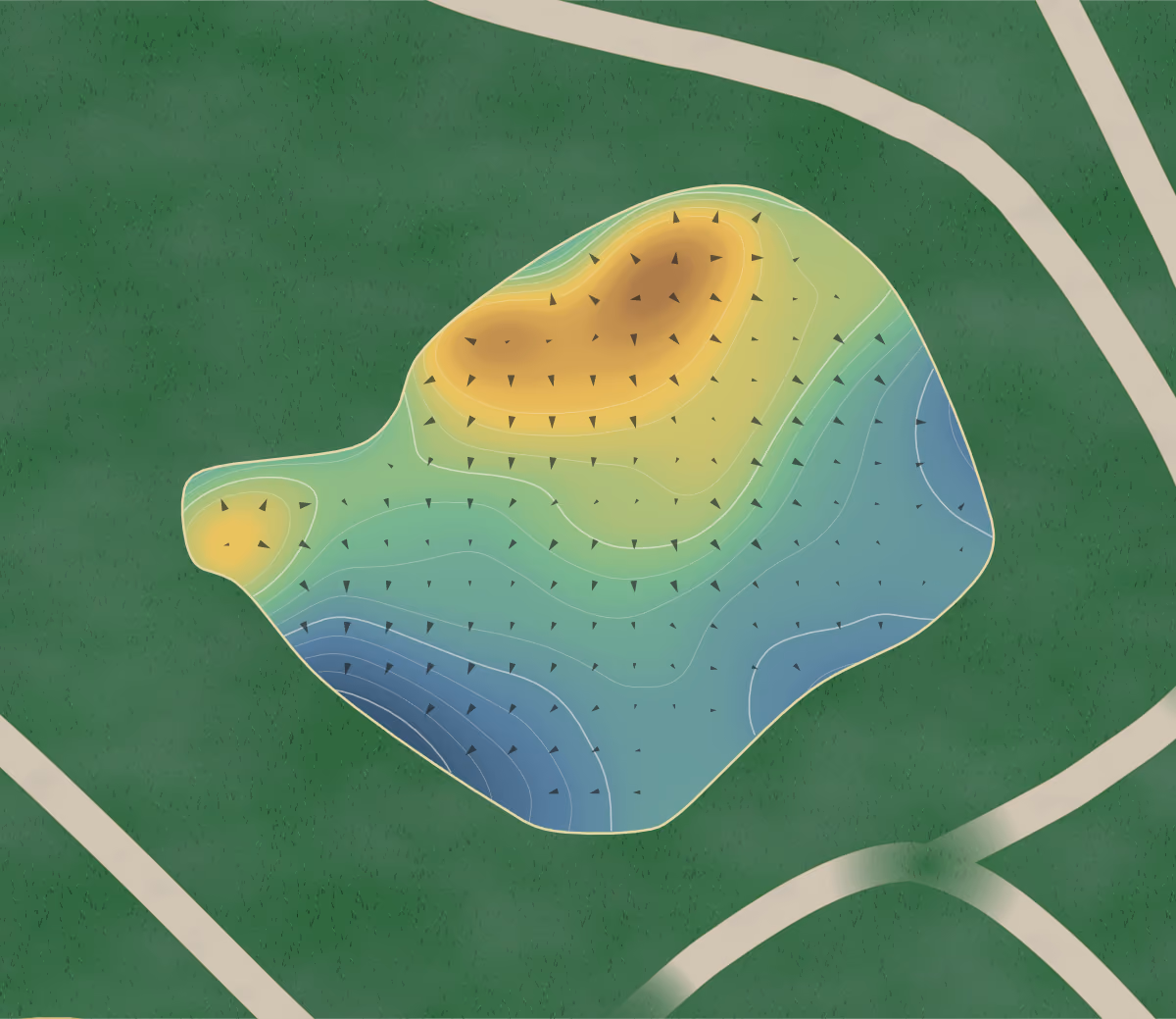 Green contour map of Brookhaven in Dallas, Texas: 512 elevation contours at a 3-inch interval with fall-line arrows, traced from 1-meter lidar