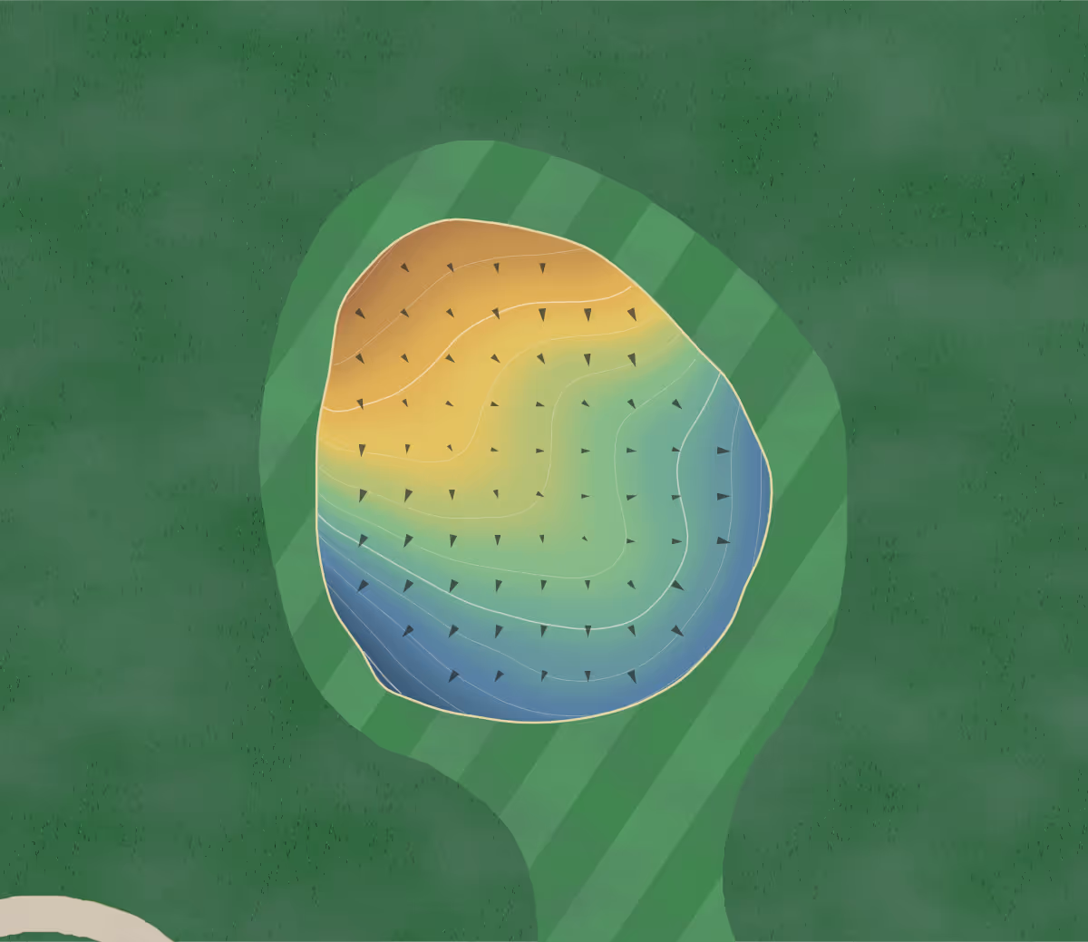 Green contour map of Brookings Cc in Brookings, South Dakota — 142 elevation contours at a 3-inch interval with fall-line arrows, traced from 1-meter lidar
