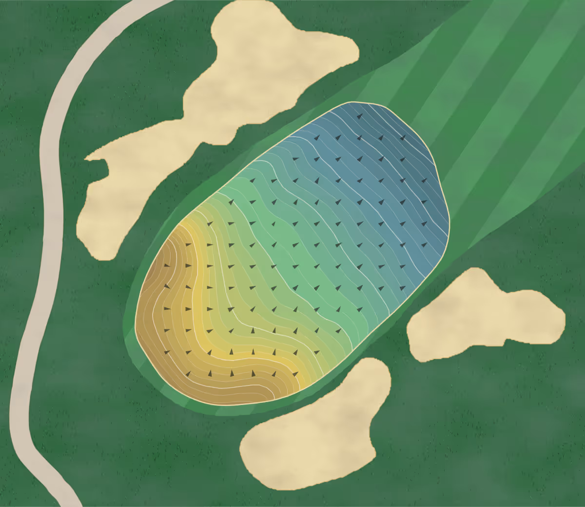 Green contour map of Brooklawn CC in Fairfield, Connecticut — 386 elevation contours at a 3-inch interval with fall-line arrows, traced from 1-meter lidar