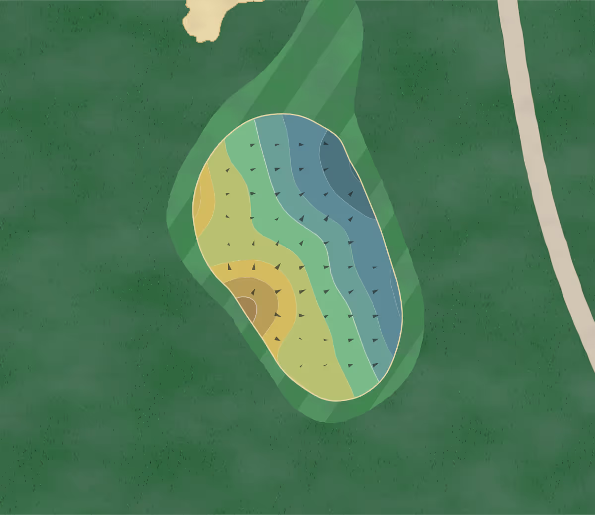 Green contour map of Brookledge GC in Cuyahoga Falls, Ohio — 140 elevation contours at a 3-inch interval with fall-line arrows, traced from 1-meter lidar