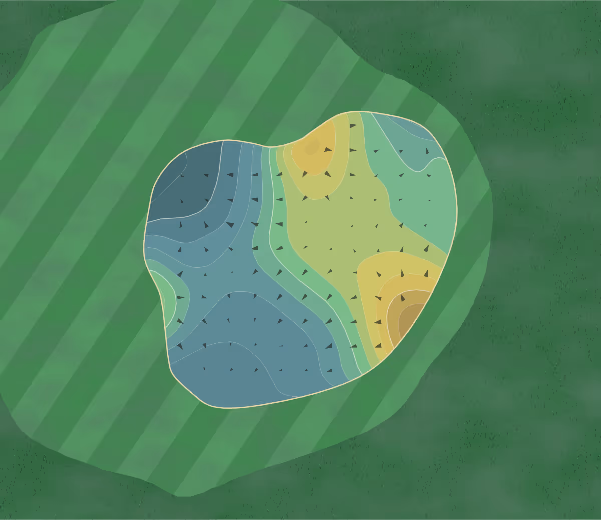Green contour map of Brookridge in Overland Park, Kansas — 228 elevation contours at a 3-inch interval with fall-line arrows, traced from 1-meter lidar