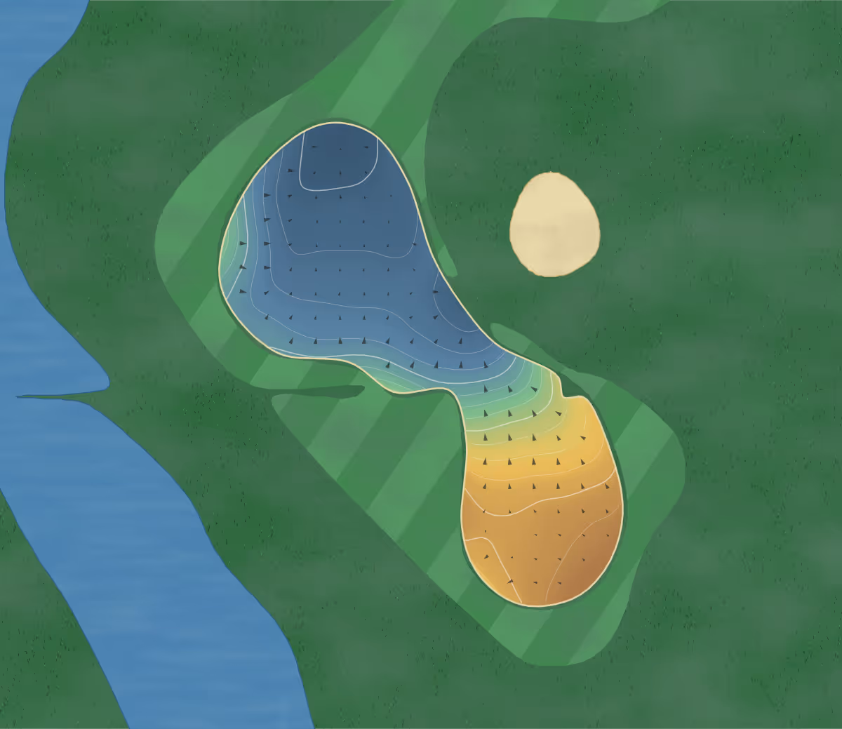 Green contour map of Brooks in Okoboji, Iowa: 274 elevation contours at a 3-inch interval with fall-line arrows, traced from 1-meter lidar