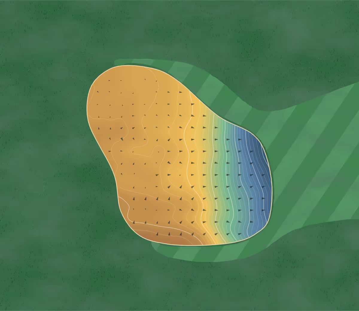 Green contour map of Brooks in Brooks, Canada — 198 elevation contours at a 8-centimeter interval with fall-line arrows, traced from 1-meter lidar