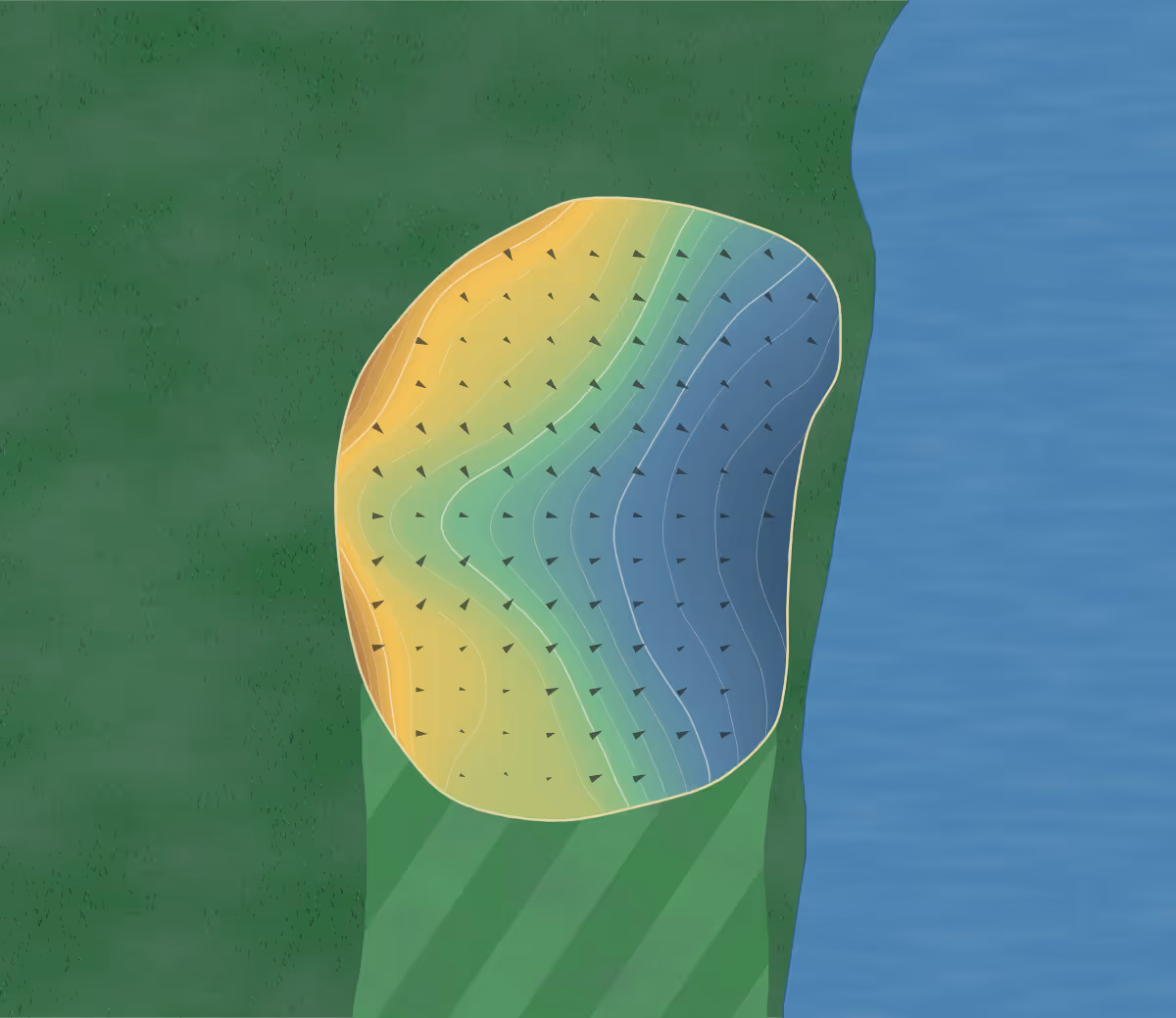Green contour map of Brookside in Stockton, California — 214 elevation contours at a 3-inch interval with fall-line arrows, traced from 1-meter lidar