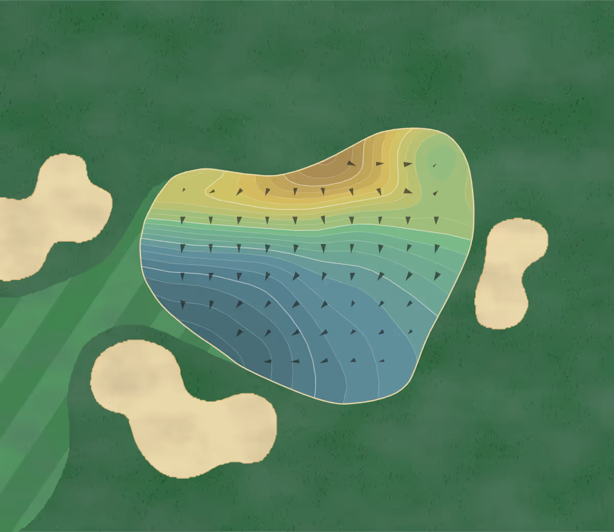 Green contour map of Brookside Golf in Worthington, Ohio — 240 elevation contours at a 3-inch interval with fall-line arrows, traced from 1-meter lidar