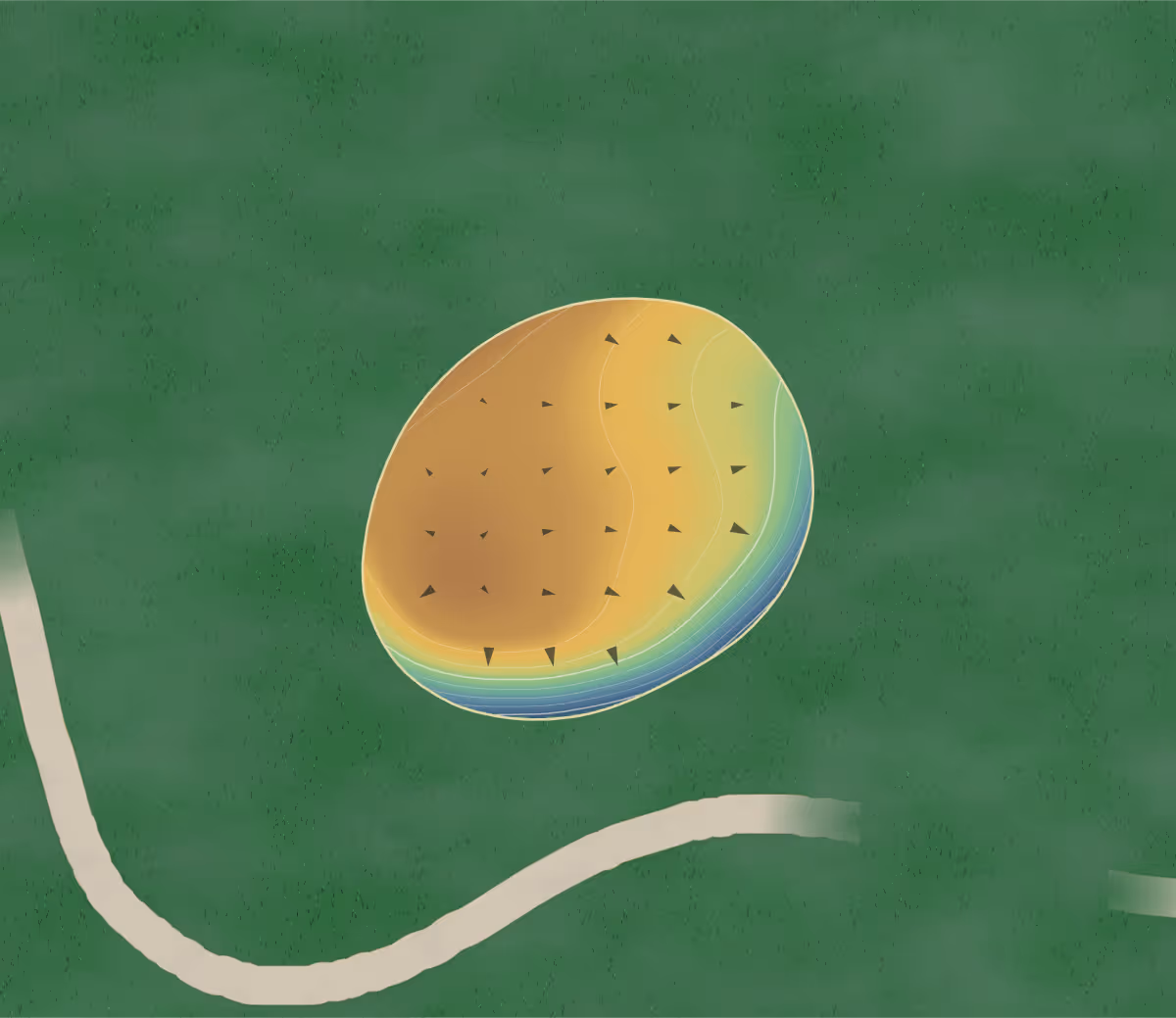 Green contour map of Brookside in Yarmouth, Canada — 67 elevation contours at a 8-centimeter interval with fall-line arrows, traced from 1-meter lidar