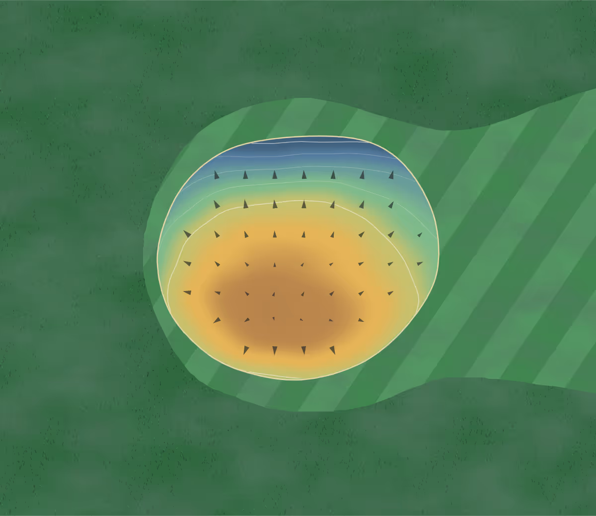 Green contour map of Brookside in Kingsley, Iowa: 48 elevation contours at a 3-inch interval with fall-line arrows, traced from 1-meter lidar