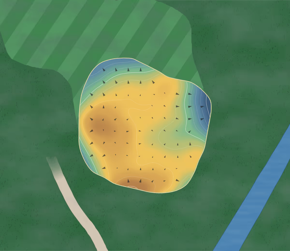 Green contour map of Brookside in Tecumseh, Michigan — 125 elevation contours at a 3-inch interval with fall-line arrows, traced from 1-meter lidar