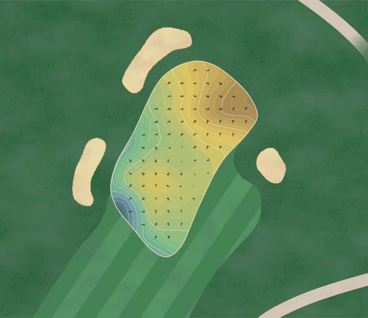 Green contour map of Brookville CC in Old Brookville, New York — 288 elevation contours at a 3-inch interval with fall-line arrows, traced from 1-meter lidar