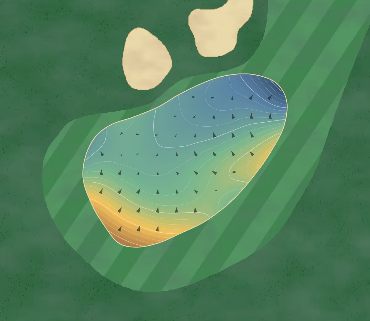 Green contour map of Brookwater in Springfield, Australia — 247 elevation contours at a 8-centimeter interval with fall-line arrows, traced from 1-meter lidar