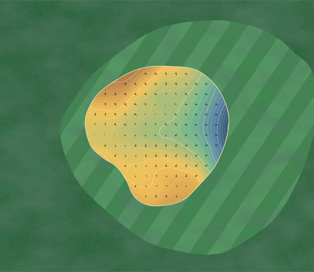 Green contour map of Brora in Brora, Scotland — 188 elevation contours at a 8-centimeter interval with fall-line arrows, traced from 1-meter lidar