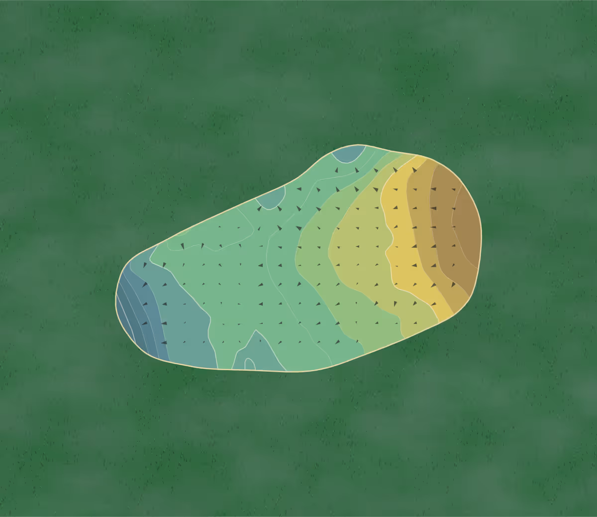 Green contour map of Brough GC in East Yorkshire, England — 153 elevation contours at a 8-centimeter interval with fall-line arrows, traced from 1-meter lidar