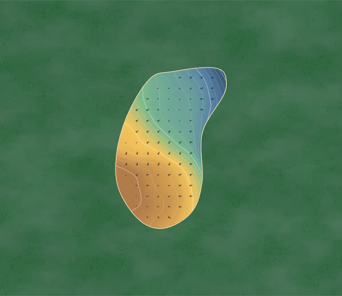 Green contour map of Brucefields in Bannockburn, Scotland: 94 elevation contours at a 8-centimeter interval with fall-line arrows, traced from 1-meter lidar